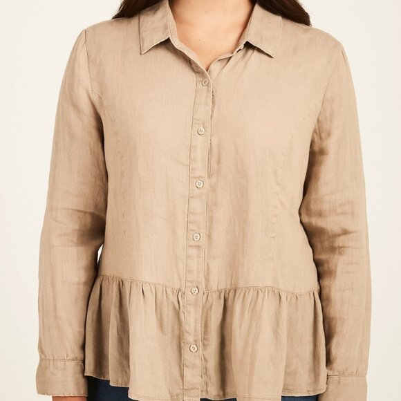 NEW TAHARI 100% Linen Blouse Women's Plus Size 1X Ruffle Neutral Flowy Loose Fit - Picture 1 of 11